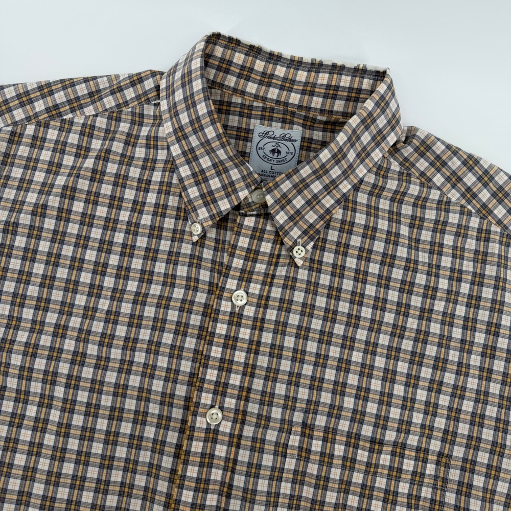 Brooks Brothers Sport Shirt Mens Large Brown Plaid Short Sleeve Button Down